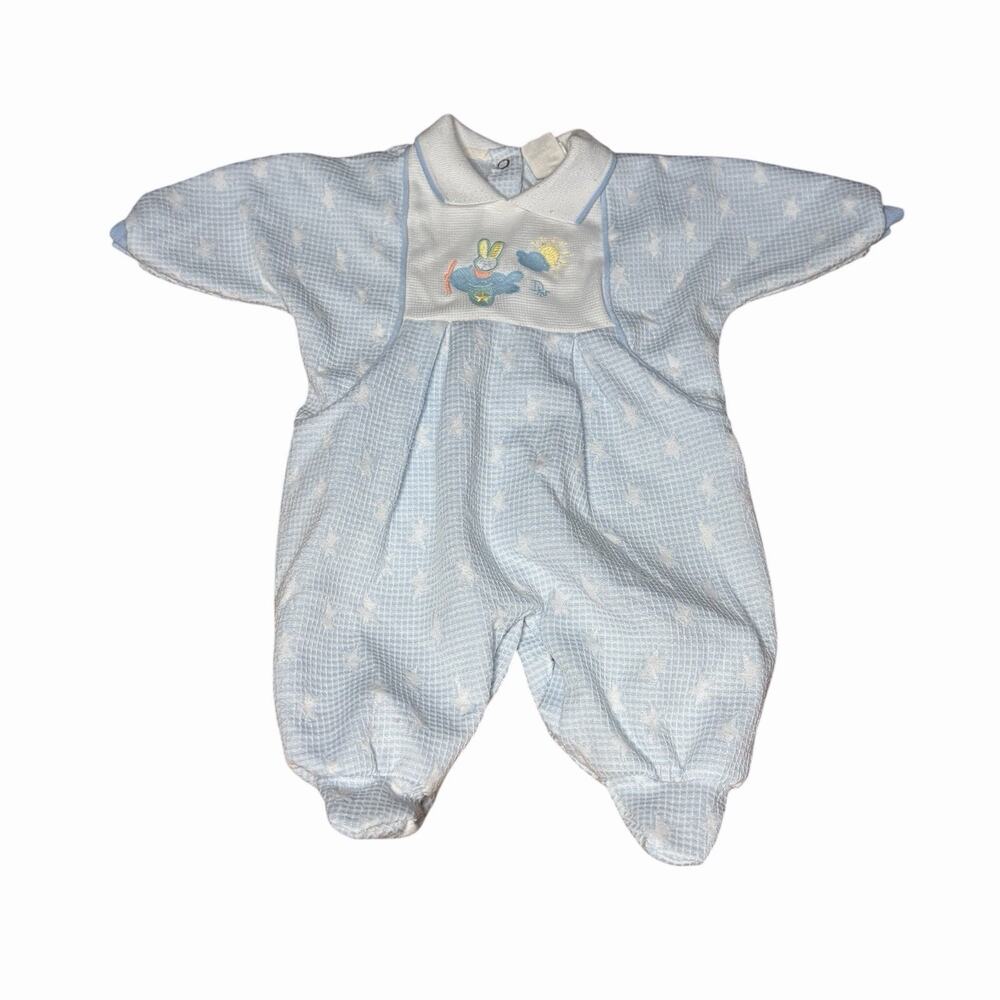Vintage Baby Dior Footed Romper Medium 12-17 Lbs Blue Airplane Bunny Sleepsuit